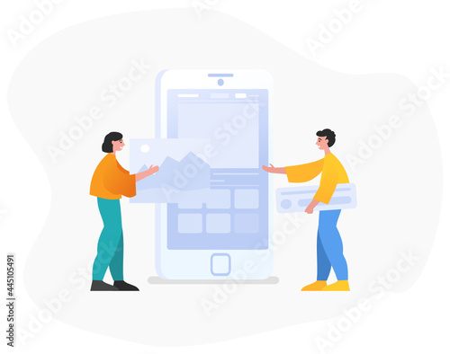Mobile app development process, team. Two people stand near big mobile phone. Modern vector illustration