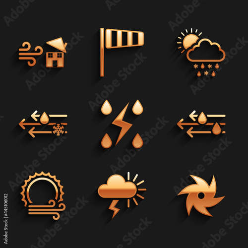 Set Storm, Tornado, Wind and rain, sun, with snow, Cloud snow, and swirl icon. Vector