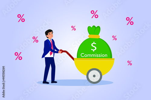 Commission vector concept. Businessman carrying a big commission bag on the cart with percentage symbol