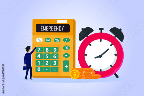 Emergency Fund vector concept. Businessman counting emergency fund with calculator and alarm clock background