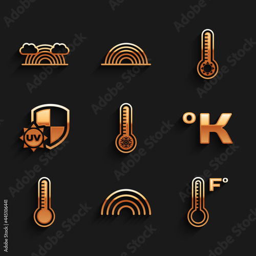 Set Meteorology thermometer, Rainbow, Kelvin, UV protection, and with clouds icon. Vector