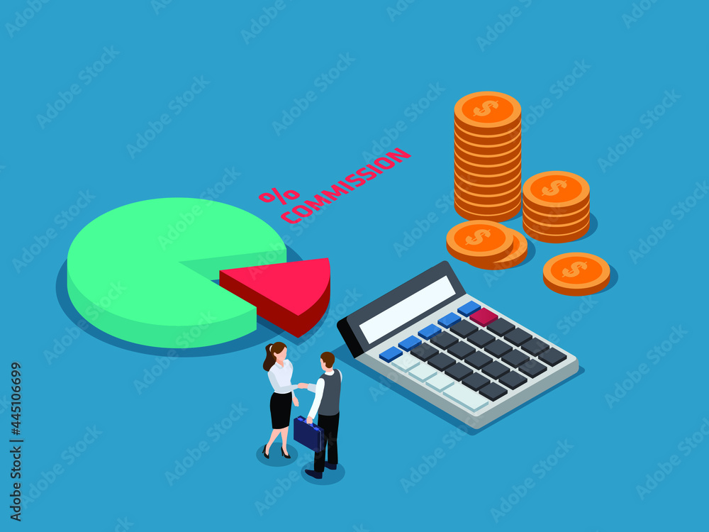 Commission isometric vector concept. Business people handshaking and getting deal to share commission pie chart portion Commission isometric vector concept. Business people handshaking and getting deal to share commission pie chart portion
