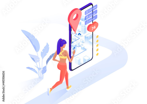 A girl athlete is engaged in jogging, tracking her parameters in a mobile application. Fitness bracelet. Vector isometry