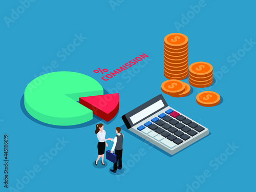 Commission isometric vector concept. Business people handshaking and getting deal to share commission pie chart portion