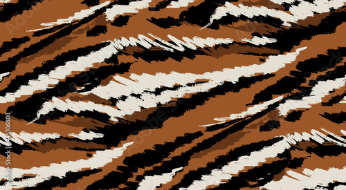 Tiger stripes nature seamless pattern. Hand drawn zoo animal print silhouettes, doodle line art, half tones brown black