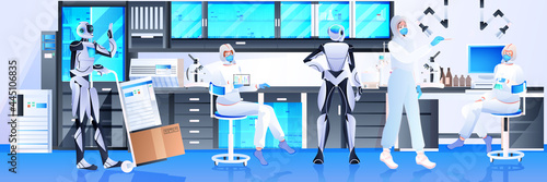robots with scientists in protective suits making experiments in lab genetic engineering artificial intelligence concept