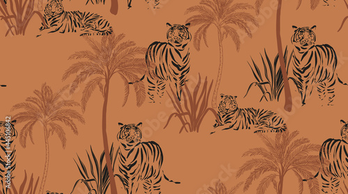 Tiger in palms seamless pattern design, tropical jungle animal fashion print , wild nature