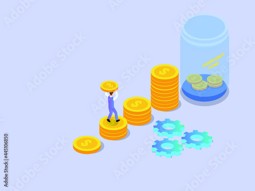 Emergency Fund isometric vector concept. Businessman saving coins in a jar for emergency fund