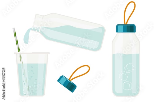 Glass water bottle and Water being poured from bottle to glass. Eco friendly drink containers. Alternative to plastic. Caring for the environment. Vector set of bottles, glass. Drink more water.