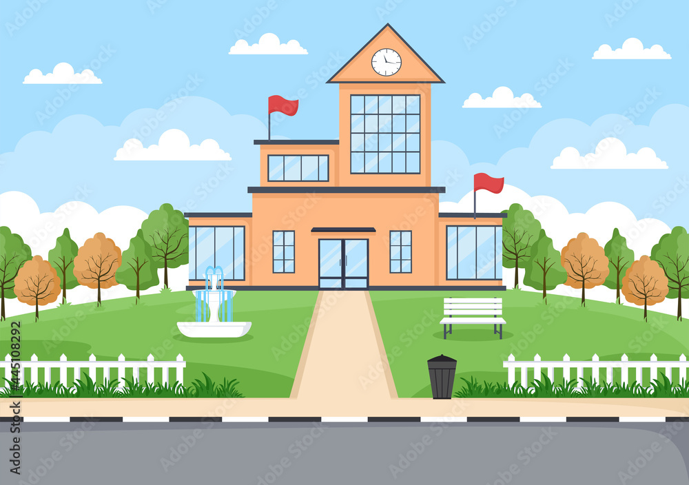 Back To School, Modern Building and View Front Yard With Green Grass And Trees. Background Landing Page Illustration