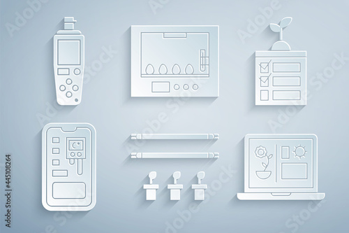 Set Smart farm with bulb and plant, farming technology, control system, Incubator for eggs and Portable sensor icon. Vector