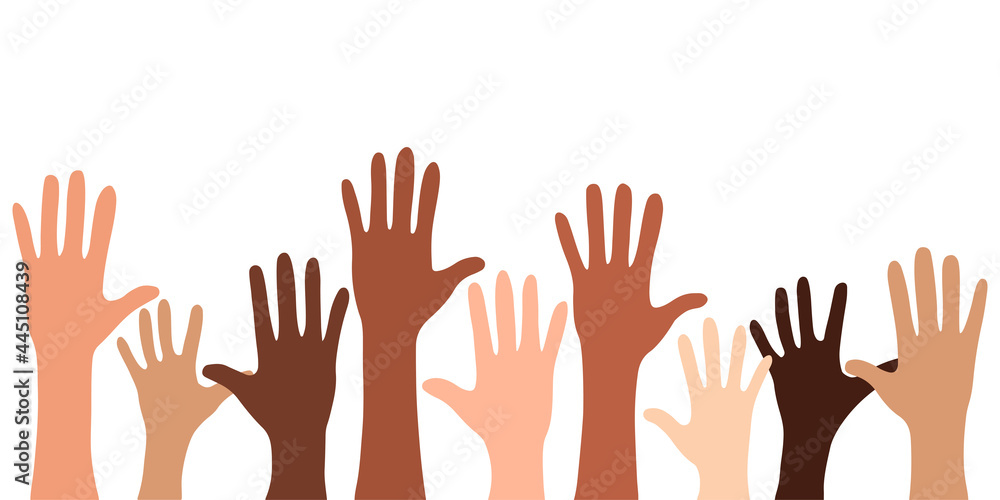 Diversity hands of different skin tones raised up. Flat vector illustration