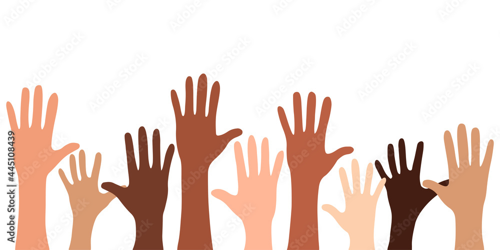 Diversity hands of different skin tones raised up. Flat vector illustration Diversity hands of different skin tones raised up. Flat vector illustration