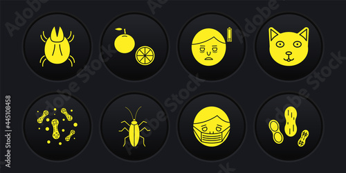Set Bacteria, Pet, Cockroach, Face in protective mask, Fatigue, Orange fruit, Peanut and Parasite mite icon. Vector
