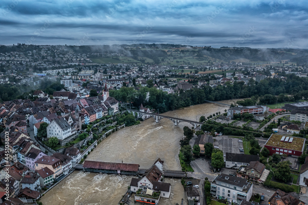 aerial view of a medieval swiss town  with river and bridge 