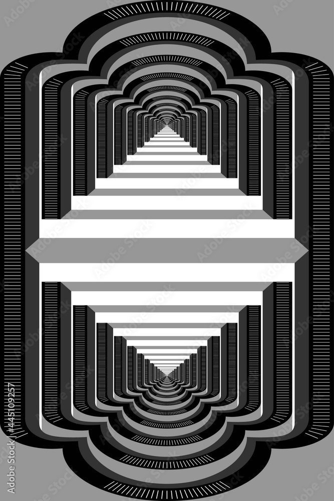 Obraz premium Abstract Black and White Geometric Pattern with Colonnade in Double Tunnel. Light and Shadow of Architectural Staircase. Optical Psychedelic Illusion. Raster. 3D Illustration
