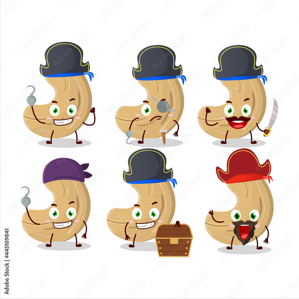 Cartoon character of cashew nuts with various pirates emoticons Cartoon character of cashew nuts with various pirates emoticons