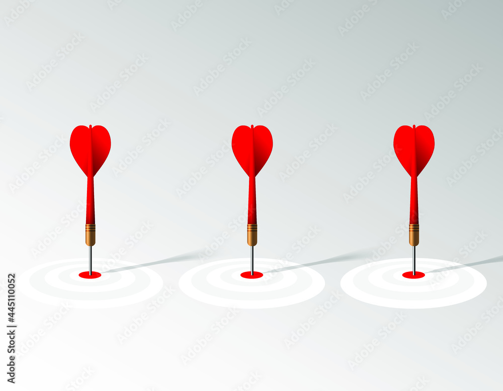 Red dart hit to center of dartboard. Arrow on bullseye in target. Business success, investment goal, marketing challenge, financial strategy, purpose achievement, focus ideas concept. 3d vector Red dart hit to center of dartboard. Arrow on bullseye in target. Business success, investment goal, marketing challenge, financial strategy, purpose achievement, focus ideas concept. 3d vector