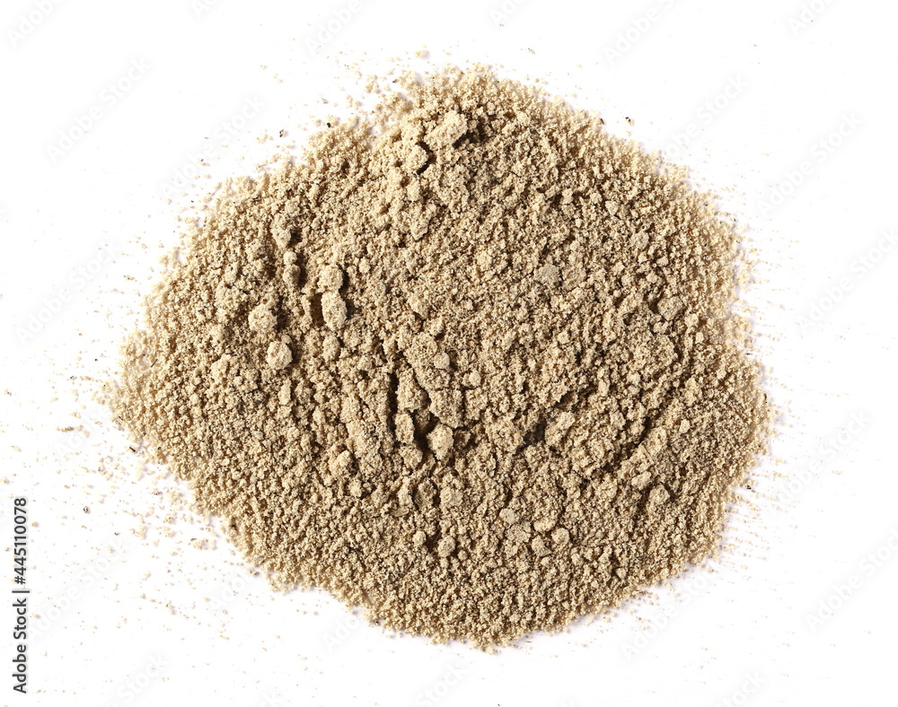 Sunflower flour pile isolated on white background, top view Sunflower flour pile isolated on white background, top view