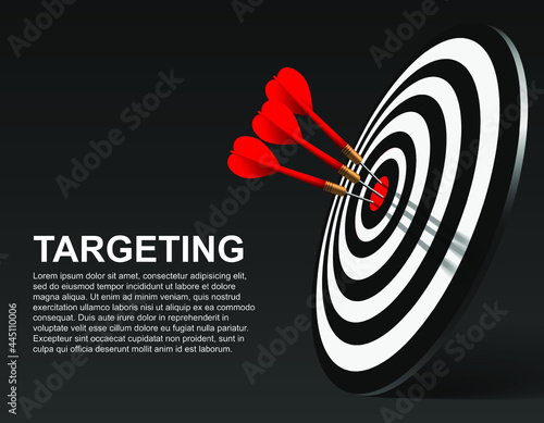 Three Red dart hit to center of dartboard. Arrow on bullseye in target. Business success, investment goal, marketing challenge, financial strategy, purpose achievement, focus ideas concept. 3d vector