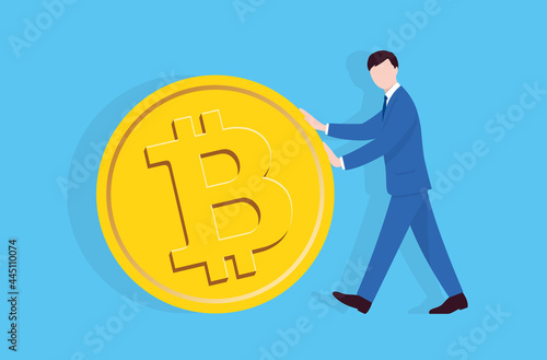 Vector illustration ;no line ;business man rolling bitcoin