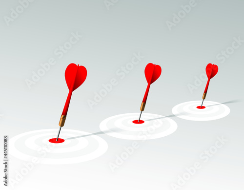 Red dart hit to center of dartboard. Arrow on bullseye in target. Business success, investment goal, marketing challenge, financial strategy, purpose achievement, focus ideas concept. 3d vector