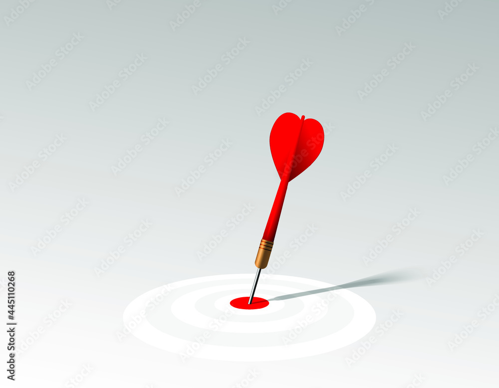 Red dart hit to center of dartboard. Arrow on bullseye in target. Business success, investment goal, marketing challenge, financial strategy, purpose achievement, focus ideas concept. 3d vector Red dart hit to center of dartboard. Arrow on bullseye in target. Business success, investment goal, marketing challenge, financial strategy, purpose achievement, focus ideas concept. 3d vector