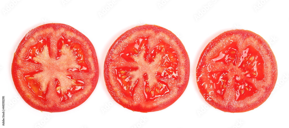 Round tomato slices set isolated on white background, top view Round tomato slices set isolated on white background, top view
