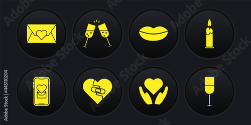 Set Mobile with heart, Burning candle, Healed broken, Heart hand, Smiling lips, Glass of champagne, Wine glass and Envelope Valentine icon. Vector