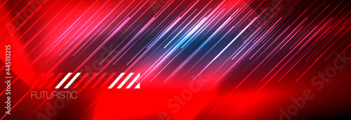 Neon glowing lines  magic energy and light motion background. Vector wallpaper template