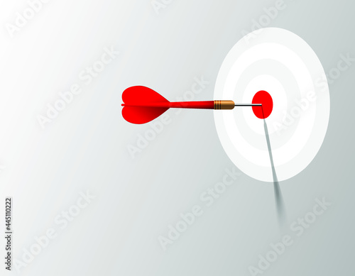 Red dart hit to center of dartboard. Arrow on bullseye in target. Business success, investment goal, marketing challenge, financial strategy, purpose achievement, focus ideas concept. 3d vector