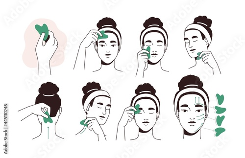 Guide for face lifting massage with facial tool. Instruction of beauty procedure with jade stone gua sha. Woman massaging and scraping her skin. Flat vector illustration isolated on white background photo