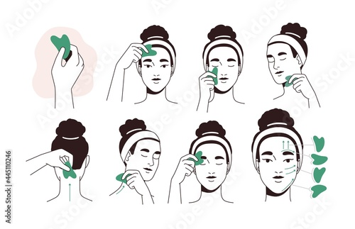 Guide for face lifting massage with facial tool. Instruction of beauty procedure with jade stone gua sha. Woman massaging and scraping her skin. Flat vector illustration isolated on white background