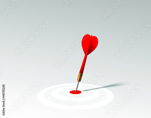 Red dart hit to center of dartboard. Arrow on bullseye in target. Business success, investment goal, marketing challenge, financial strategy, purpose achievement, focus ideas concept. 3d vector