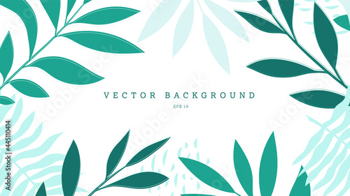 Exotic vector background with flat green, turquoise twigs, tropical composition for presentation, banner.