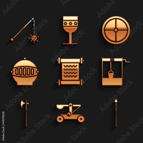 Set Decree, parchment, scroll, Catapult shooting stones, Medieval spear, Well with bucket, halberd, iron helmet, Round wooden shield and chained mace ball icon. Vector