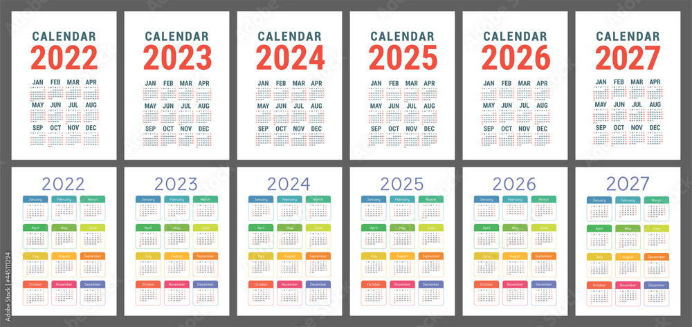 Pocket calendar 2022, 2023, 2024, 2025, 2026 and 2027. English vector