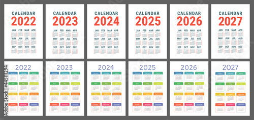 Pocket calendar 2022, 2023, 2024, 2025, 2026 and 2027. English vector calender template. Week starts on Sunday