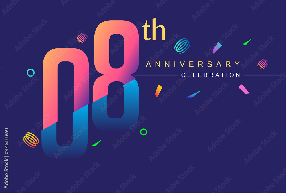 8th anniversary celebration with colorful design, modern style with ribbon and colorful confetti isolated on dark background, for birthday celebration. 8th anniversary celebration with colorful design, modern style with ribbon and colorful confetti isolated on dark background, for birthday celebration.