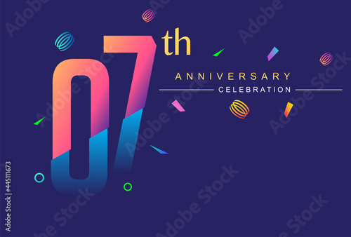 7th anniversary celebration with colorful design, modern style with ribbon and colorful confetti isolated on dark background, for birthday celebration.