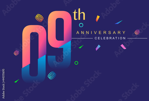 9th anniversary celebration with colorful design, modern style with ribbon and colorful confetti isolated on dark background, for birthday celebration. photo