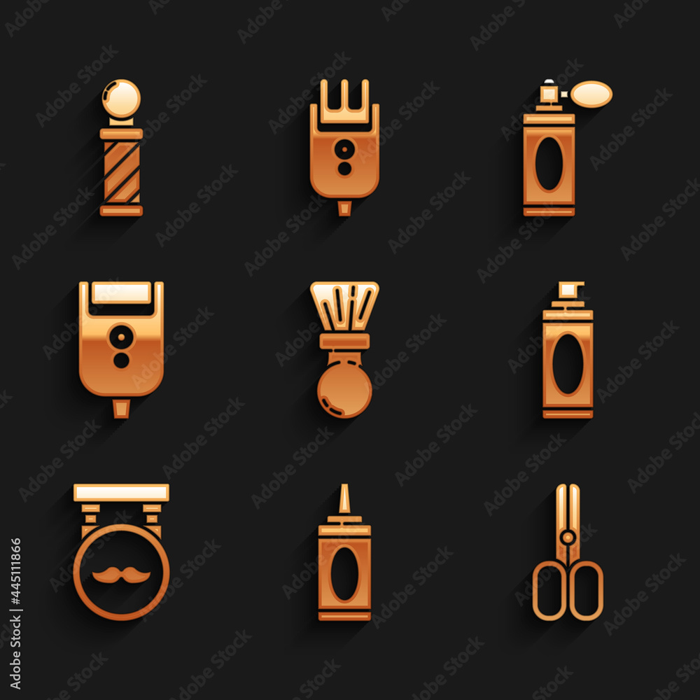 Set Shaving brush, Bottle of shampoo, Scissors hairdresser, gel foam, Barbershop, Electric razor blade for men, Aftershave bottle with atomizer and Classic pole icon. Vector Set Shaving brush, Bottle of shampoo, Scissors hairdresser, gel foam, Barbershop, Electric razor blade for men, Aftershave bottle with atomizer and Classic pole icon. Vector