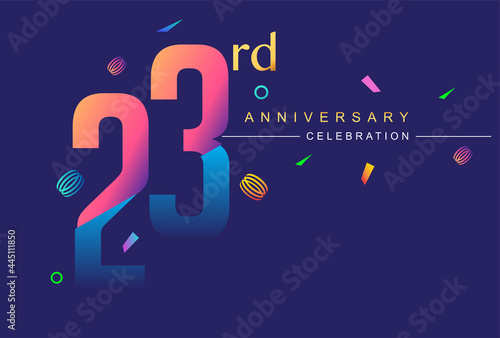 23rd anniversary celebration with colorful design, modern style with ribbon and colorful confetti isolated on dark background, for birthday celebration.
