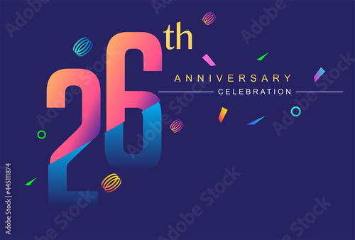 26th anniversary celebration with colorful design, modern style with ribbon and colorful confetti isolated on dark background, for birthday celebration.