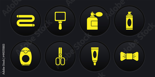 Set Bottle of shampoo, Shaving gel foam, Scissors hairdresser, Cream lotion cosmetic tube, Aftershave bottle with atomizer, Hand mirror, Bow tie and Towel icon. Vector