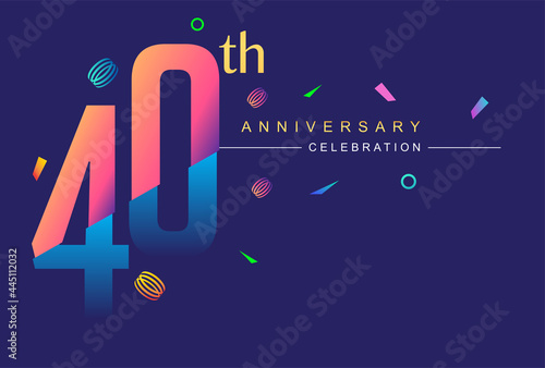 40th anniversary celebration with colorful design, modern style with ribbon and colorful confetti isolated on dark background, for birthday celebration.
