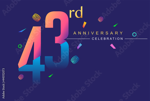 43rd anniversary celebration with colorful design, modern style with ribbon and colorful confetti isolated on dark background, for birthday celebration.