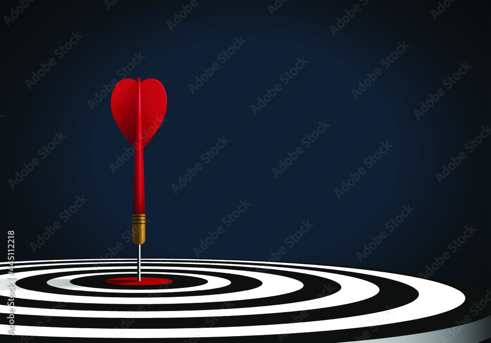Red dart hit to center of dartboard. Arrow on bullseye in target. Business success, investment goals, marketing challenge, financial strategy, purpose achievement, focus ideas concept. 3d vector - obrazy, fototapety, plakaty 