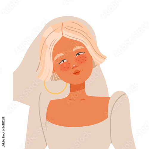 Portrait of Young Blond Bride in White Wedding Dress and Veiling as Newlywed or Just Married Female Vector Illustration