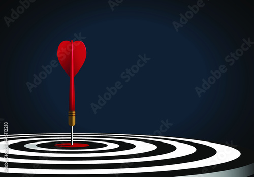 Red dart hit to center of dartboard. Arrow on bullseye in target. Business success, investment goals, marketing challenge, financial strategy, purpose achievement, focus ideas concept. 3d vector photo